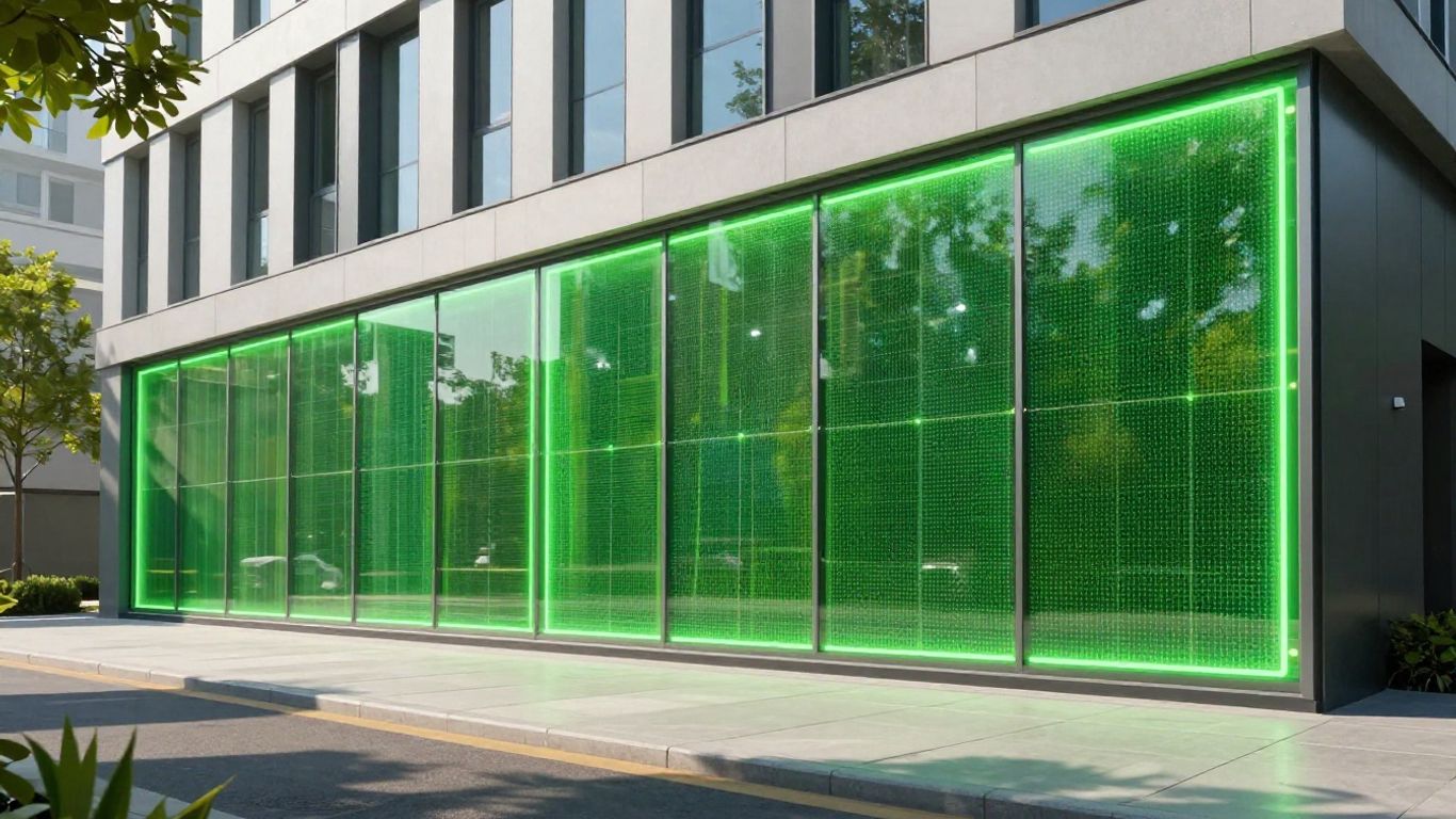Modern building with green energy accents and sunlight.