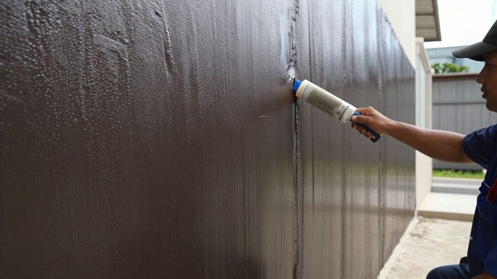 Waterproofing contractor sealing a building exterior wall.