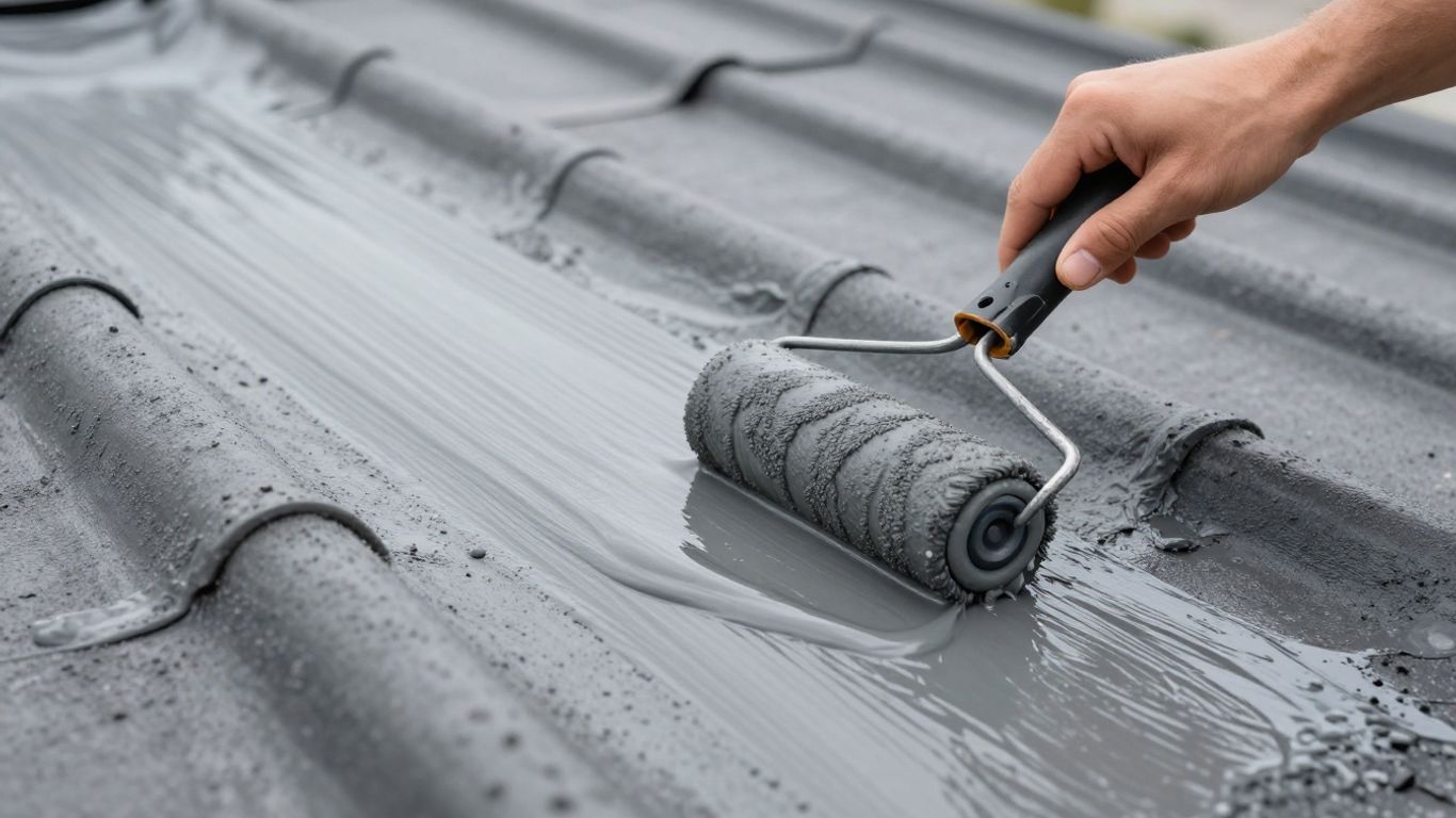 Homeowner waterproofing a roof with liquid membrane.
