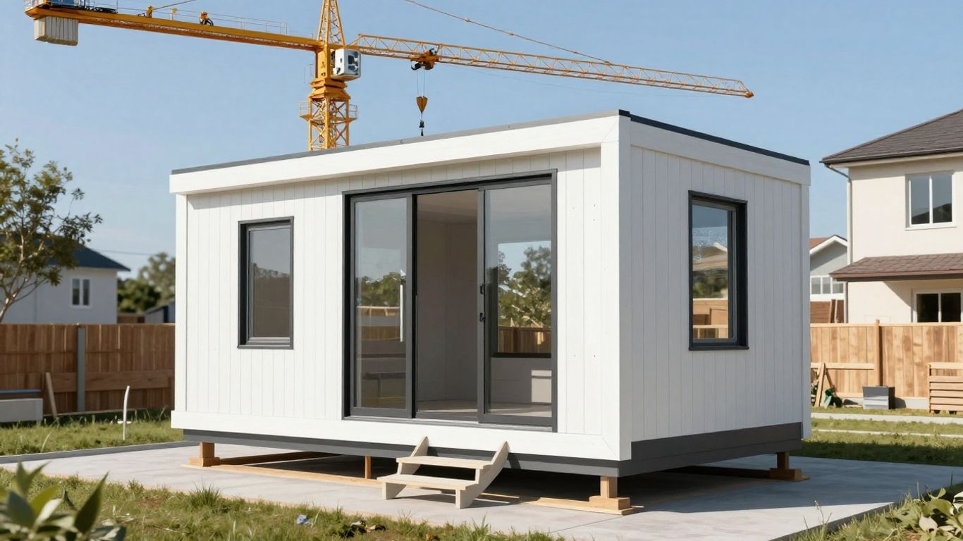 Modular house construction with cranes and prefabricated sections.