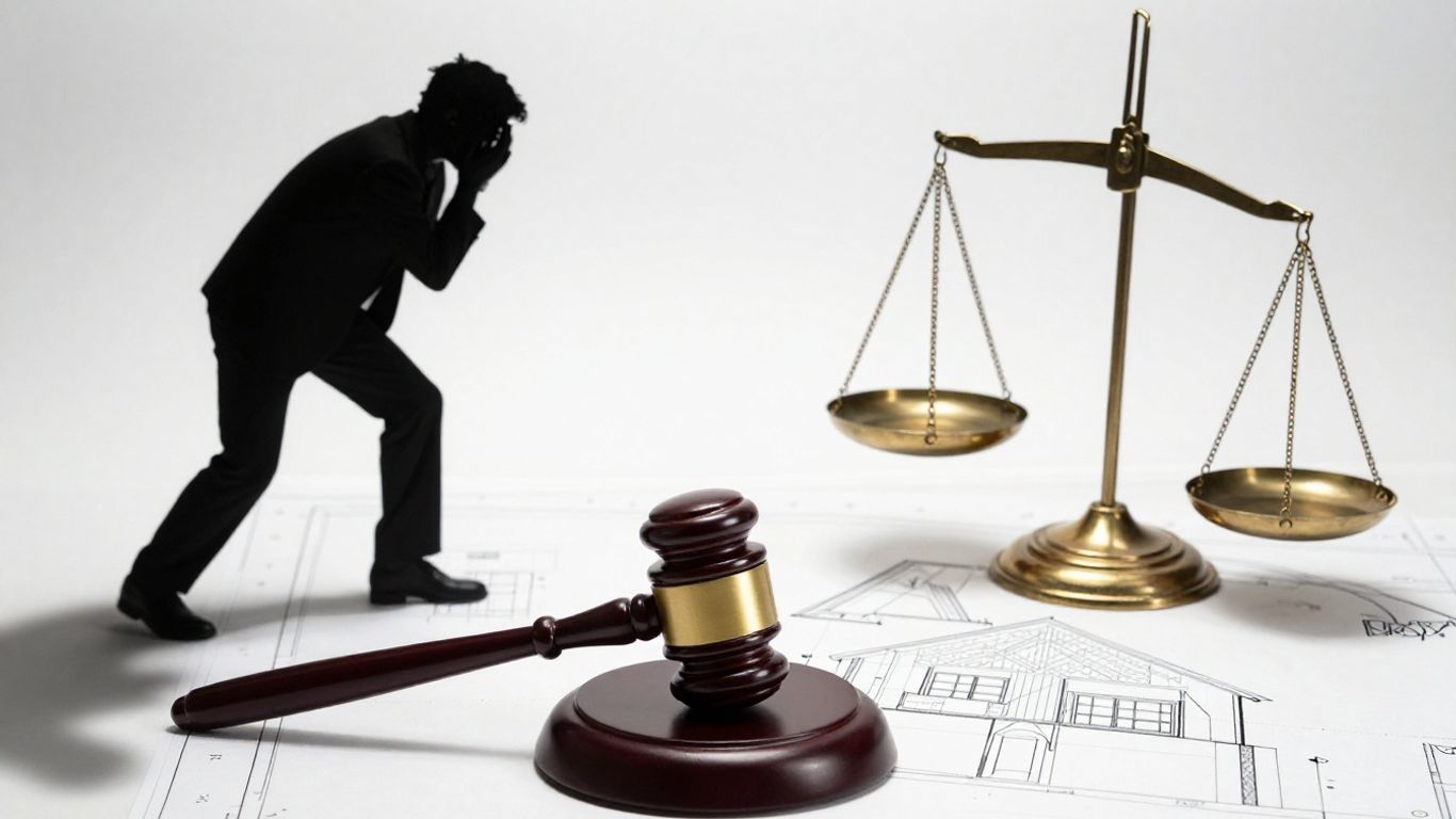 Gavel striking blueprint, homeowner distressed, unbalanced scales of justice.
