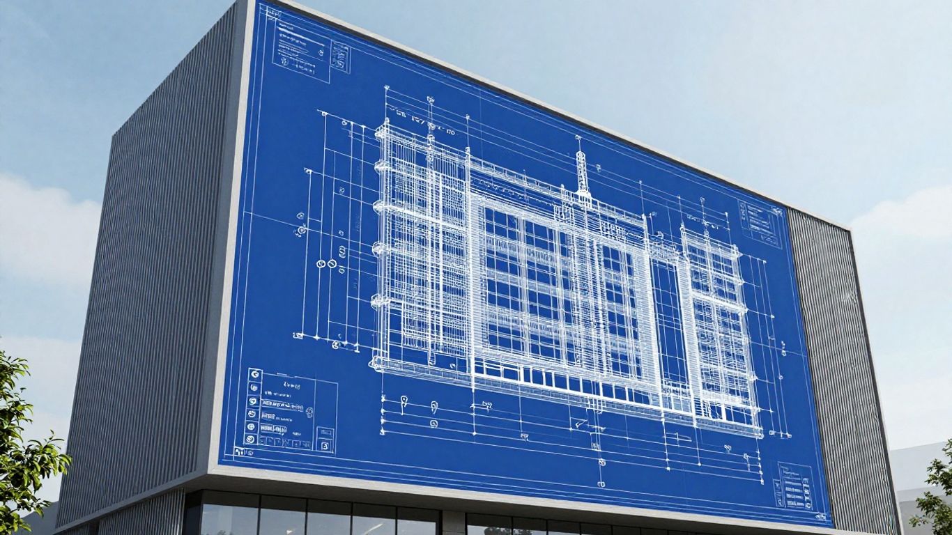 Modern building facade with blueprints, construction innovation.