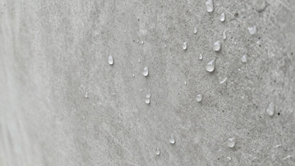 Crystalline waterproofing on concrete, repelling water.