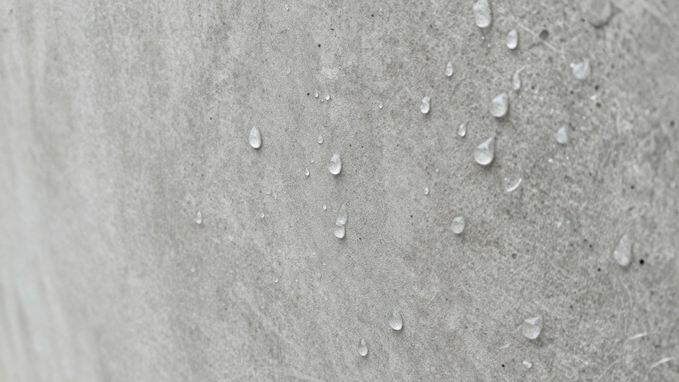 Crystalline waterproofing on concrete, repelling water.