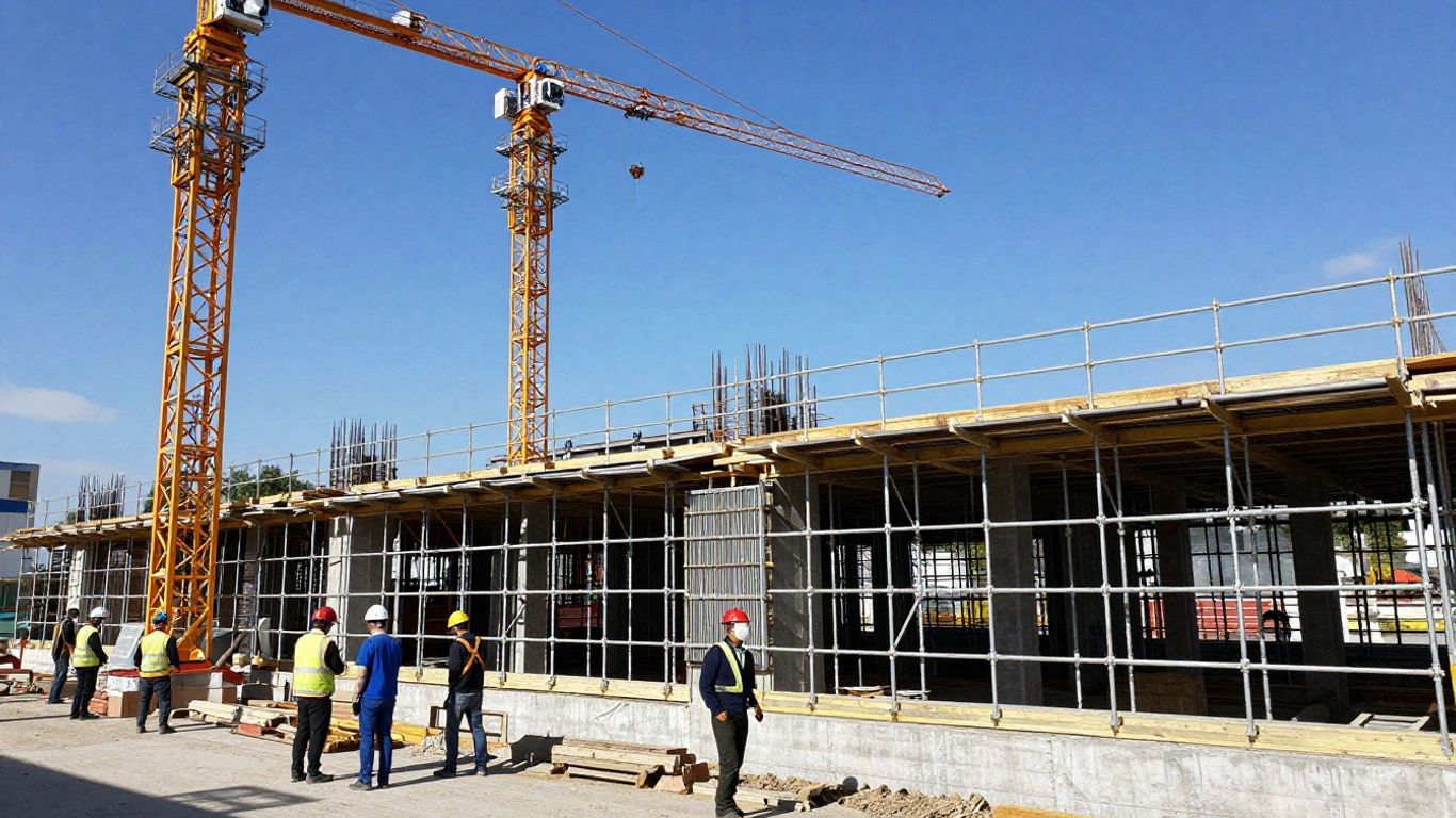 Construction site with cranes and buildings under development.