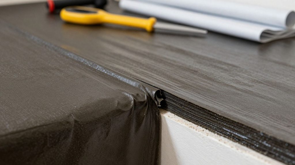Builder applying waterproofing membrane to wall joint.