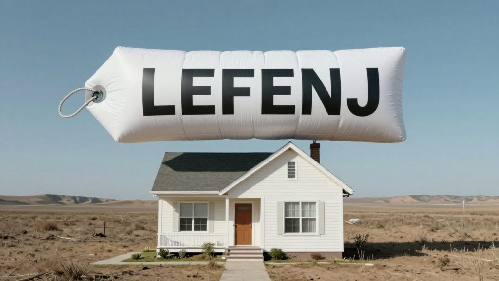 House with huge price tag, barren landscape.