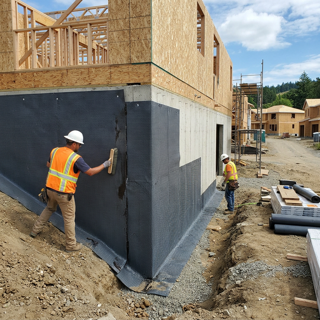 new Australian waterproofing standard to be aware in 2026 1 Two construction workers applying black waterproofing membrane to a concrete foundation